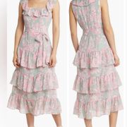 Eliza J Women’s Pink & Gray Floral Print Tie Waist Tiered Midi Dress Size 8 NWT