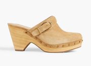 Veronica Beard Hendrix nude tan suede gold buckle studded slip on wedge mule 9.5