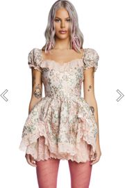 Floral Jacquard Mini Dress With Lace And Bows And Puff Sleeves