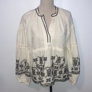 Solitaire Peasant Top Blouse Long Sleeve Flowy Cream & Black Embroidery M Medium