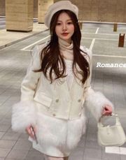 Japanese Kawaii Gyaru Fuzzy White Ivory Winter Fur Buttoned Blazer Jacket Coat