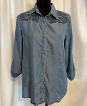 Christopher & Banks denim-look 3/4 sleeve button down blouse size medium