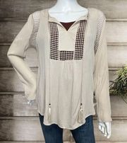 BOHO Embroidered Peasant Top Taupe Beige Tan Crepe Joseph A. Sz S