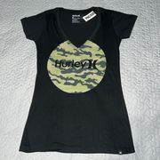 camo v-neck Tee Shirt Top Medium Black Army