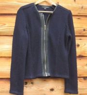 Blue Faux Leather Trim Wool Blend Jacket