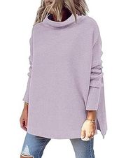 Long Sleeve Slouchy Side Slit Turtleneck Pullover Tunic Sweater Purple Small