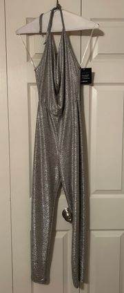 Silver Metallic Sleeveless Jumpsuit Disco Retro Formal Festival Theme 