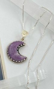 Crescent Moon Purple Lepidolite Worry Stone Solid Sterling Silver Necklace