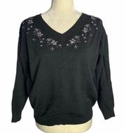 Earth Music Ecology Embroidered Sweater S Black Beaded Floral Long Sleeve Knit
