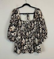 Ava & Viv | Black and White Floral Puff Sleeve Smocked Bodice Shirt Size 1X