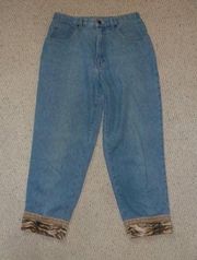 Cropped Denim Jeans, Velvet Cuffs Tiger Print, Size 6