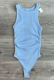 NWT  Ribbed Bodysuit Ruched Sides Sleeveless Thong Closure Light Blue XS