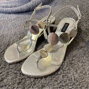 White House Black Market Silver Leather Medallion Thong Wedge Heel Sandals 8