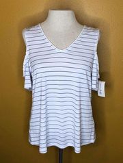 Maison Jules Shirt White Navy Stripe Cold Shoulder Top New M