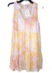 Wonderly Tie Dye Tiered Babydoll V Neck Ruffle Dress Pink Yellow Medium