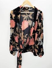 Blue Blush Black Red Blue Floral Velour Tie Front Cardigan Women Size Large