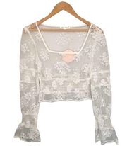 New Wild Honey Sheer Lace Cropped Long Puff Sleeve Peasant Square Neck White L