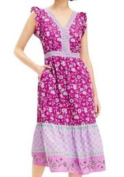 NEW  Pink Floral Border Ruffle Midi Pocket Dress Fit & Flare Size Petite 10