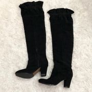 Charisma Suede Leather Ruffle Over the Knee Heel Boots Black 6.5