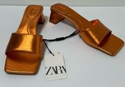 Zara Metallic Orange Square Heel Sandals Mules Size 38