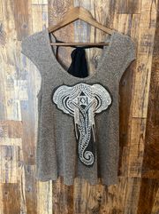 Thin Knit Embroidered Elephant Blouse Sleeveless Shoulder