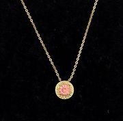 Faux Pink Sapphire Solitaire Halo Style Pendant Necklace Gold Tone OSFM