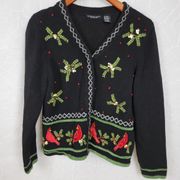 Reference Point Womens Cardigan Size M Black Christmas Cardinal Holly Embroidery