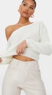 Pretty Little Thing White Off The Shoulder Knitted Sweater