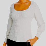 NWT T Tahari White Roundneck Blouson Sleeve Cable Knit Sweater Top Size Large