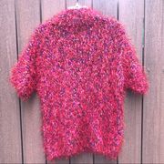 Handknit ruby red, multi-color pullover sweater