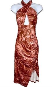 Iris Brown Abstract Print Ruched Side Split Halter Neck Dress Size Large​​​