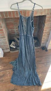 Angie Chambray Speghetti Strap V Back Maxi Dress Western Rodeo Cowgirl Medium