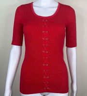 Carmen Marc Valvo Ribbed Knit Half Sleeve Corset Front Red Shirt