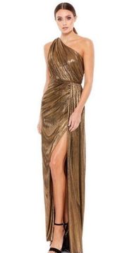 NWT Mac Duggal Draped One Shoulder Grecian Metallic Gown Dress