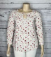 SB Suzanne Betro Size XL White & Red Floral Print Keyhole Peasant Shirt Top