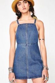 Backless Denim Mini Overall Dress Front Zipper - Medium