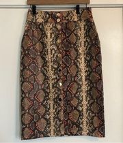 button front midi pencil skirt faux snake skin print python brown orange