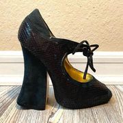 ZINC Security Black Leather and Suede Snakeskin Peep-toe Heels