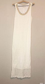 Boston Proper White Crochet Lace Overlay Maxi Dress Beaded Neckline Size L