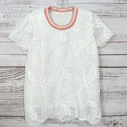 Mystree Women's Geometric Lace Overlay Top Pullover Short Sleeve White Sz Small