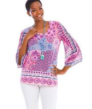 Sz 8 (M) Chico’s Pink & Blue Tile Kimono-Sleeve Top