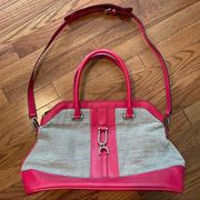 hot pink and grey leather and canvas  Satchel Purse Bag