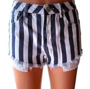 REFUGE Blue & White Stripe Cut Off Denim Blue Jean Cheeky Short Shorts ~Womens 0