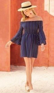 Mud Pie Desi Off the Shoulder mini dress in navy blue multicolor stripe size S