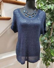 Ellen Tracy Women's Blue Polyester Scoop Neck Short Sleeve Casual Shirt Size M