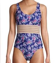 Nicole Miller Trim Torso One Piece Swimsuit Blue Floral Gold Lurex Medium M