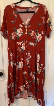 Women’s Red Floral V-Neck Short Sleeve Dress with Pockets - Size 2/2X