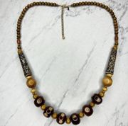 Chico's Chunky Wood Beaded Gold Tone Statement Necklace