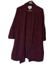 445-LUCKY BRAND Wine Long Knit Open Front Cardigan with Pockets