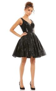 Ieena Mac Duggal NWT V-Neck Fit & Flare Mini Dress in Noir Sequin Sz 6